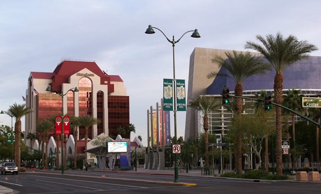 downtown Mesa, Arizona, showing the Mesa Bank building and the Mesa Arts Center