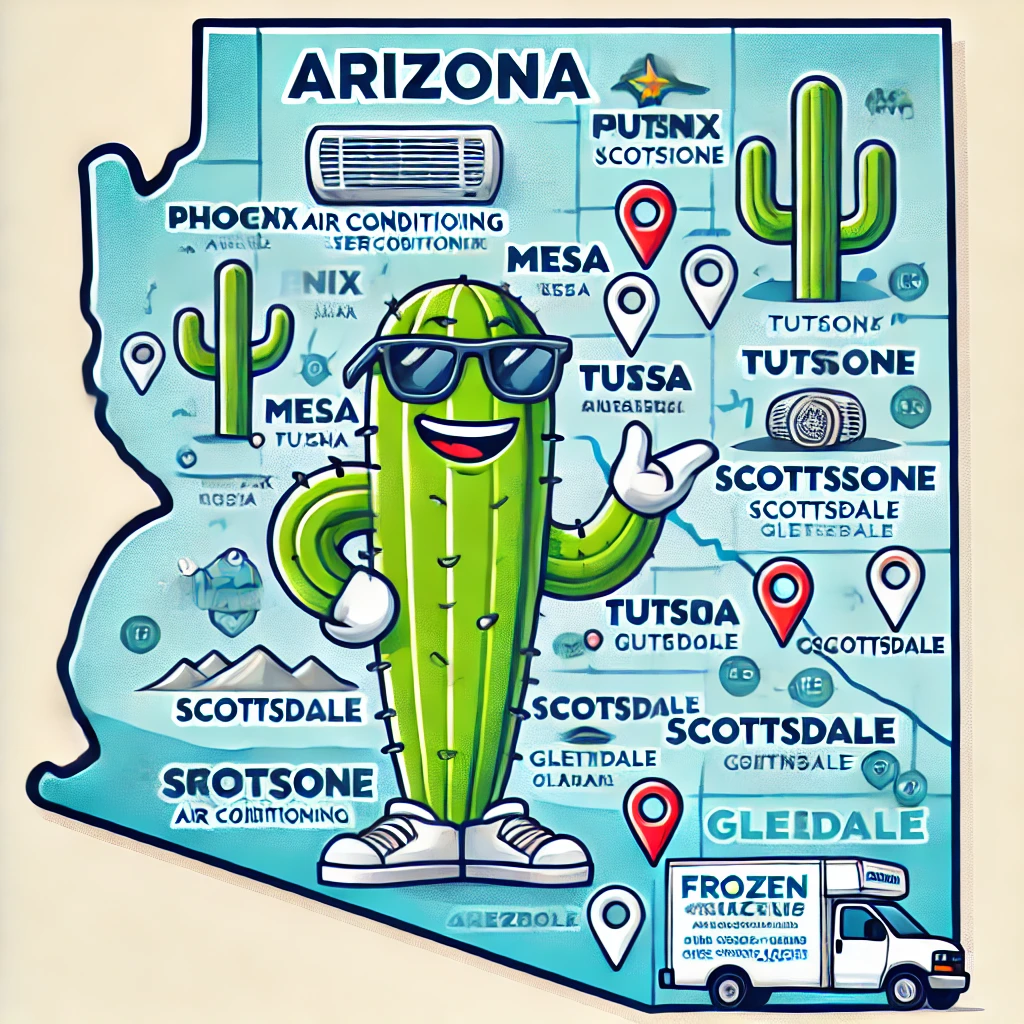 Frozen Cactus Service Coverage Map – Arizona Cartoon map of Arizona showing Frozen Cactus AC & Heating coverage zones.