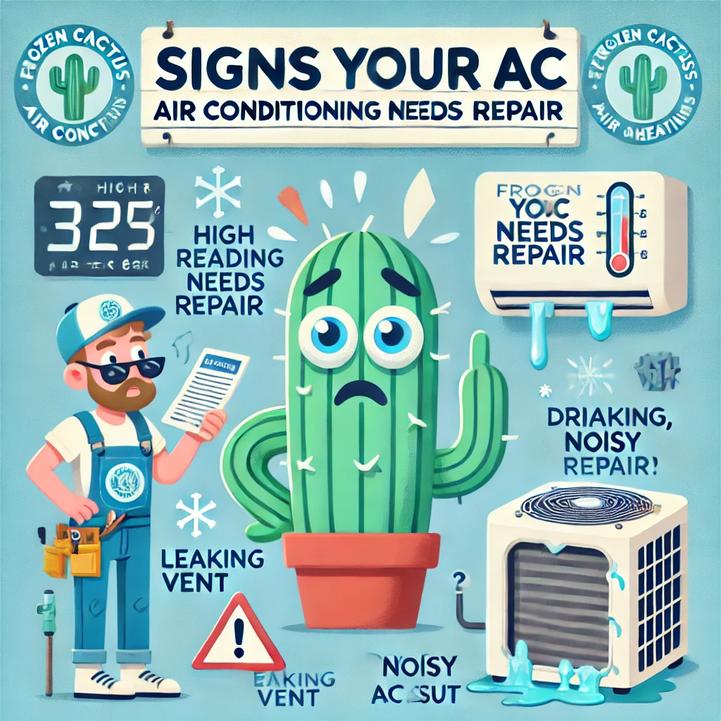 Branded Illustration: Signs Your AC Needs Repair Frozen Cactus mascot with a concerned look beside a homeowner checking a high thermostat and malfunctioning AC