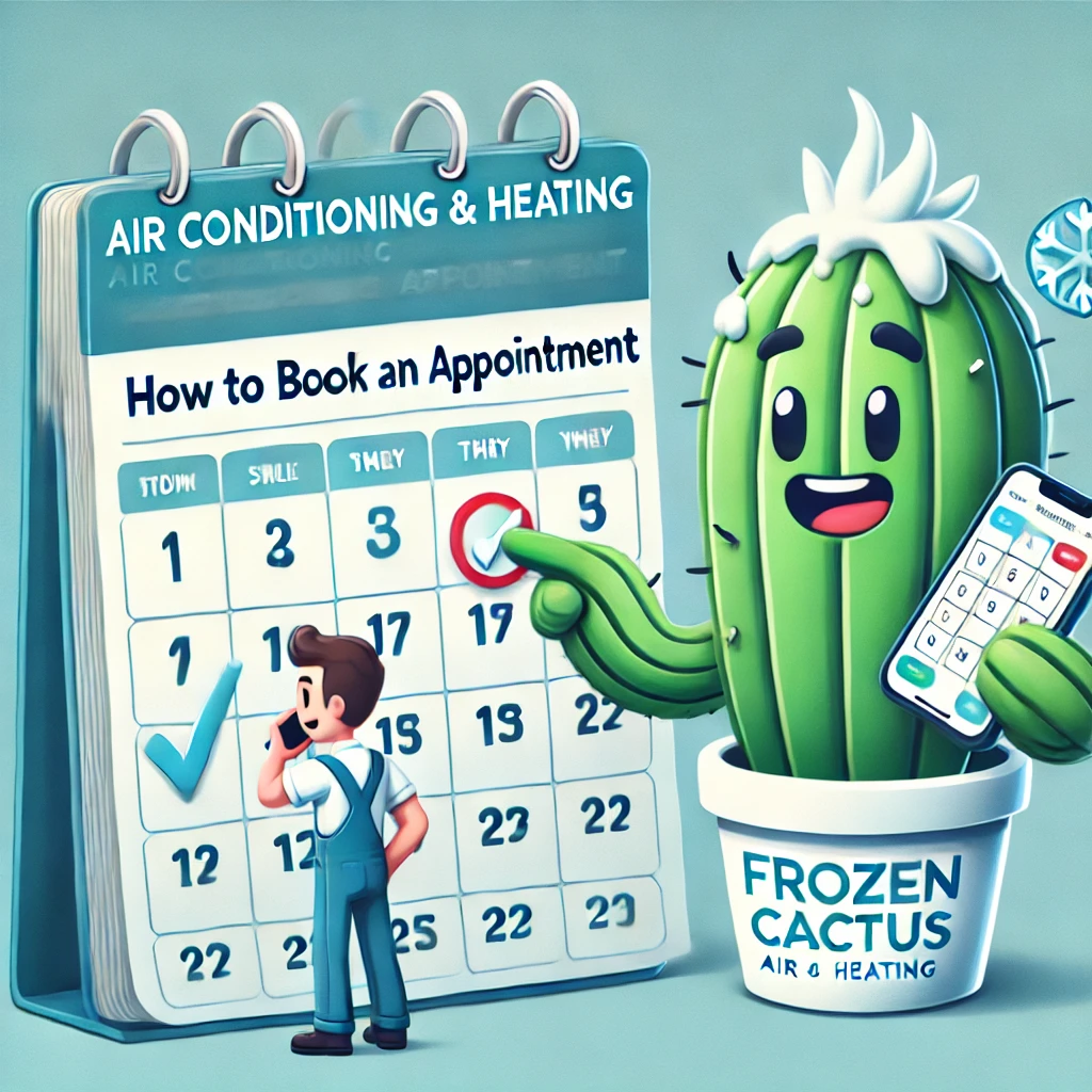 How to Book Your Frozen Cactus AC Appointment Cactus mascot holding calendar and phone, customer booking AC appointment