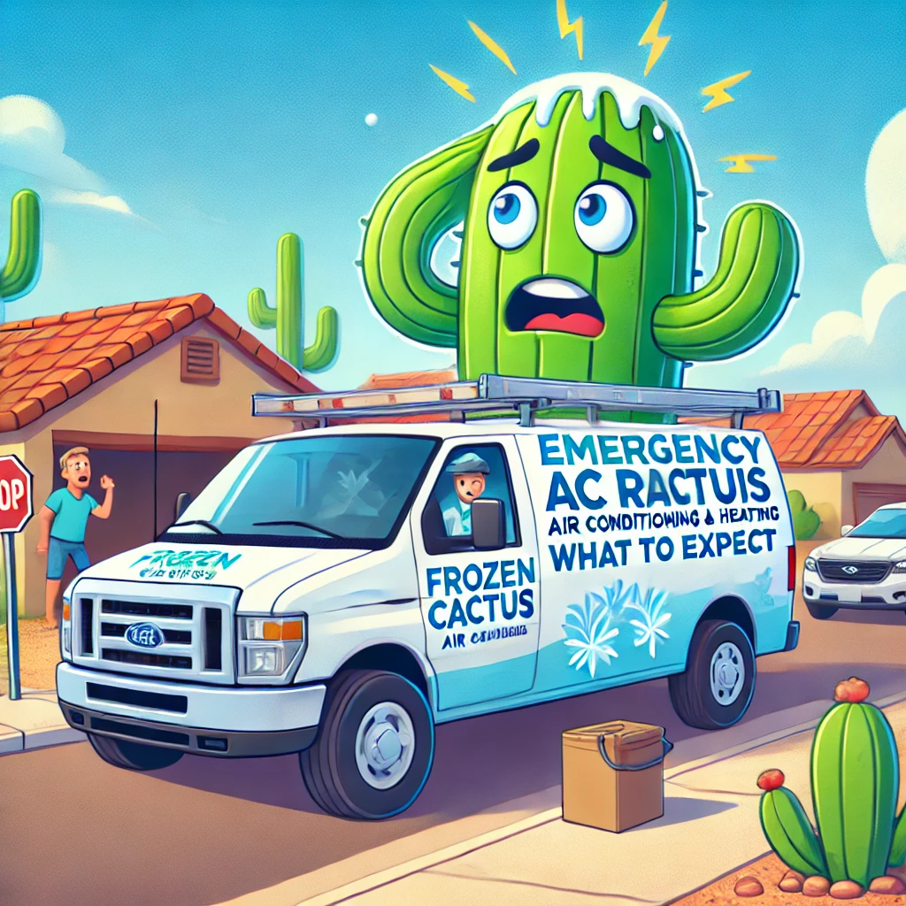 Emergency AC Repair Arrives Just in Time Cactus mascot stepping out of Frozen Cactus van to help a hot, relieved homeowner in Arizona